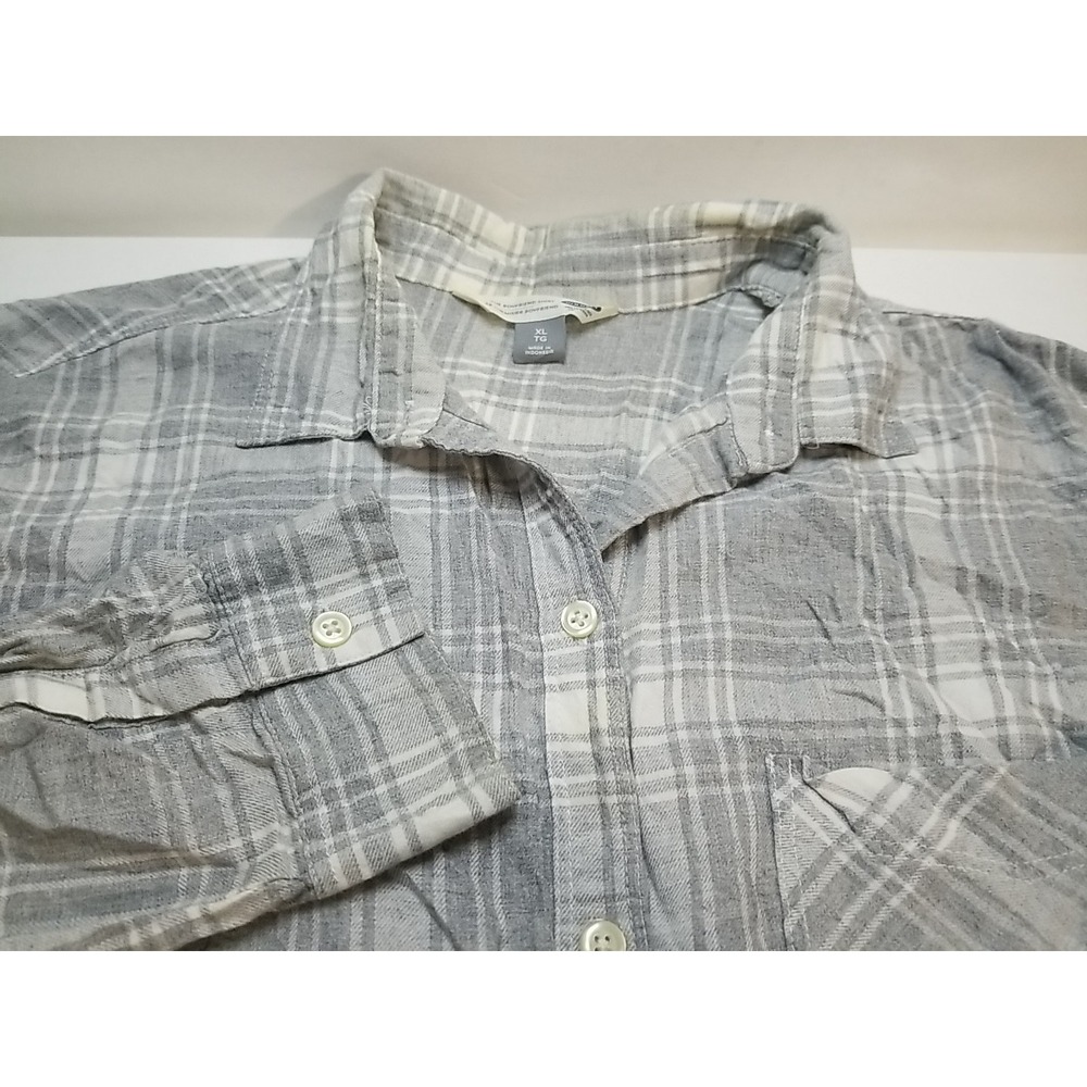 Old Navy Womens XL Boyfriend Shirt Gray White Plaid Long Sleeve Button Up